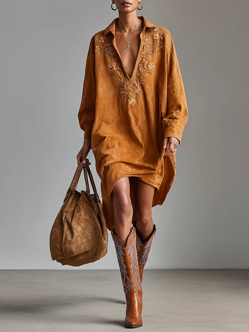 Loose Lapel V-Neck Printed Midi Dress