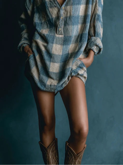 Blue & White Plaid Henley Mini Dress