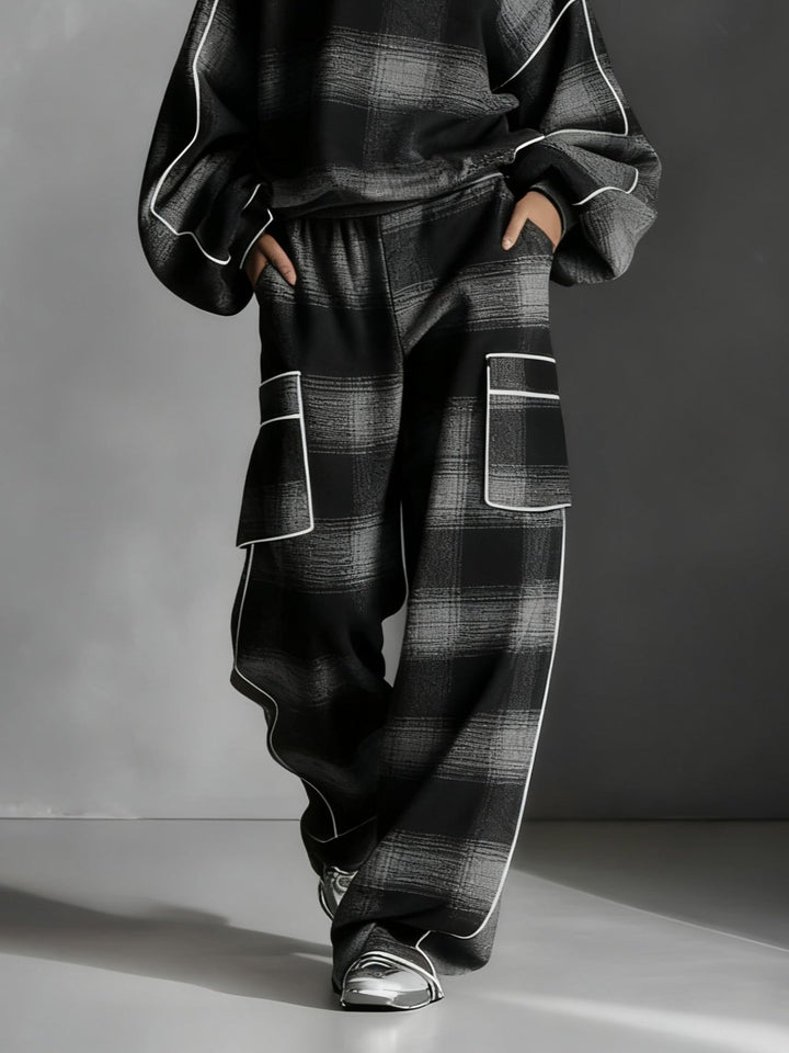 Black & Grey Plaid Sweatshirt & Casual Pants Set